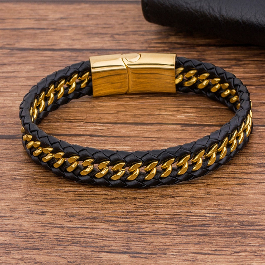 BRACELET EN CUIR VÉRITABLE AVEC CORDON TRESSÉ